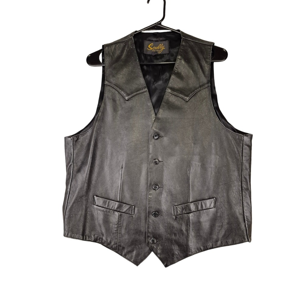 Scully Mens‎ Black Leather Western Vest Pointed Yoke Button Front Size 42